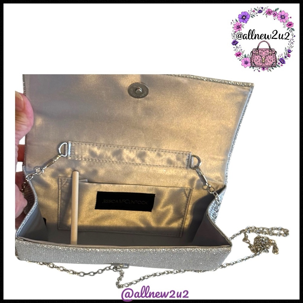 Jessica McClintock Beaded Elegant Silver Clutch Bag with Chan Strap - Picture 8 of 12